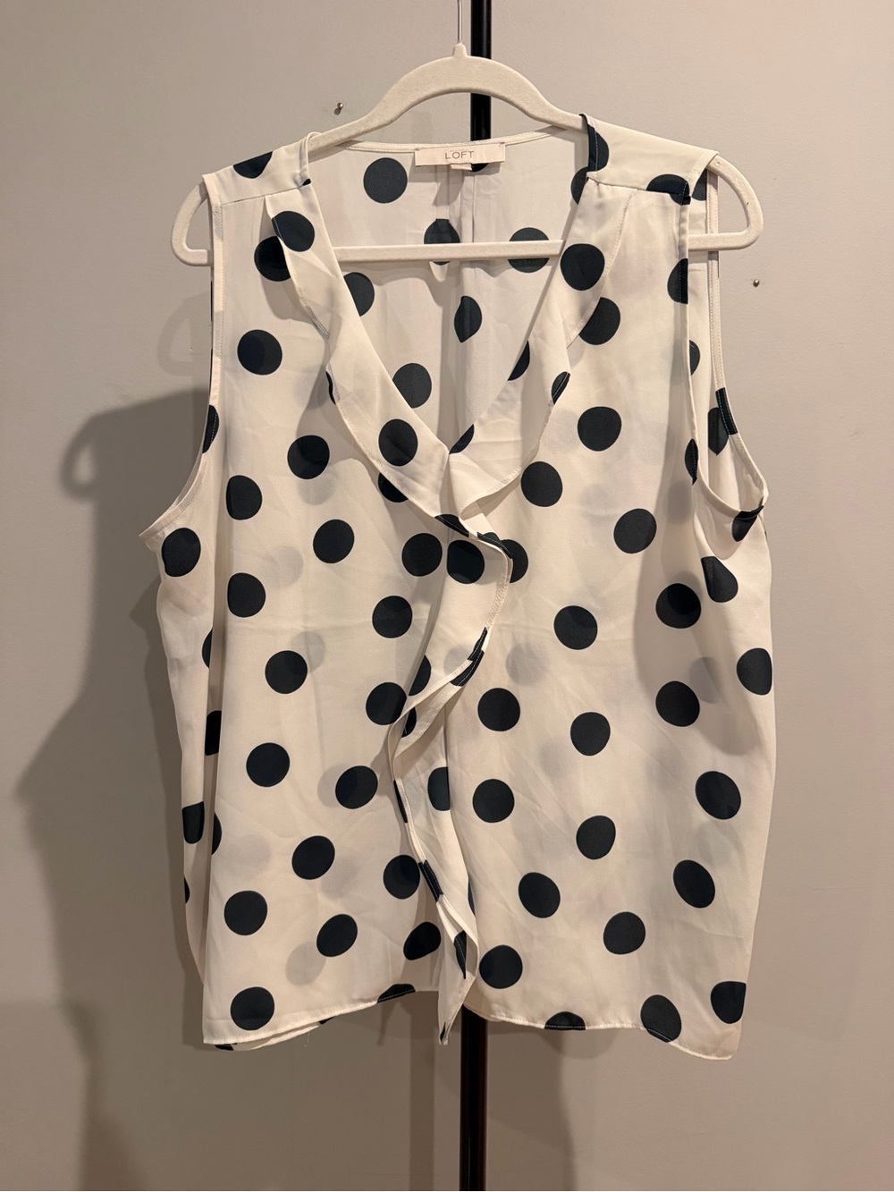 LOFT White and Black Polka Dot Ruffle Sleeveless Top